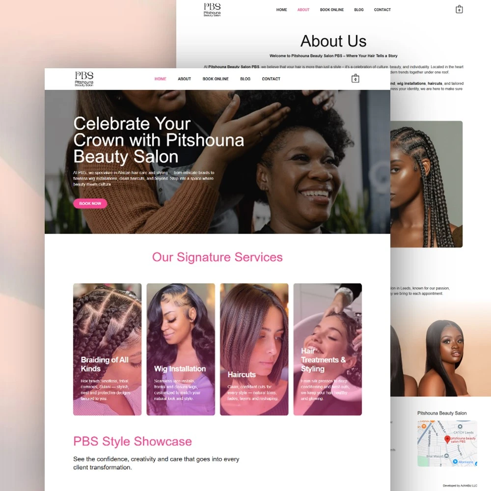 AchinBiz LLC web design portfolio: Homepage of Pitshouna Beauty Salon PBS website.