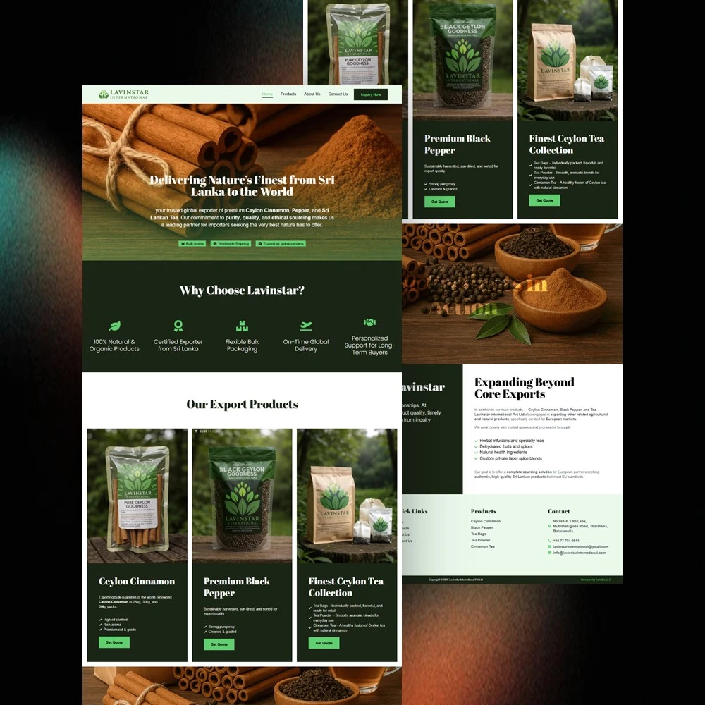 Lavinstar International Pvt Ltd website mockup – Designed and developed by AchinBiz LLC for a premium Ceylon spice and tea exporter.